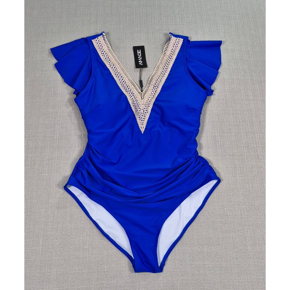 AIMAGE Womens Royal Blue Crochet V-Neck Ruched One Piece Swimsuit Size L NWT
